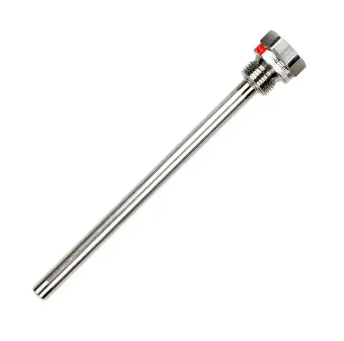 Edelstahl-Tauchrohr mit einem Gewinde, auf dem Markenlogo von Danfoss und einer Markierung. Das Produkt dient zur Messung oder Regelung von Temperaturen in verschiedenen Anwendungen.